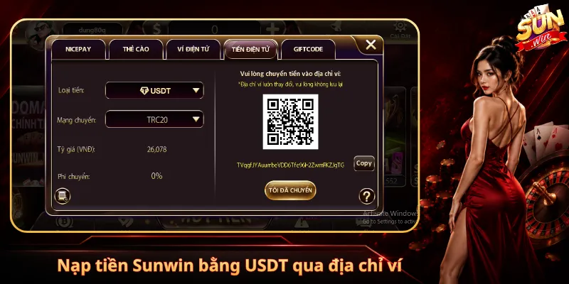 Nạp tiền Sunwin bằng USDT qua địa chỉ ví